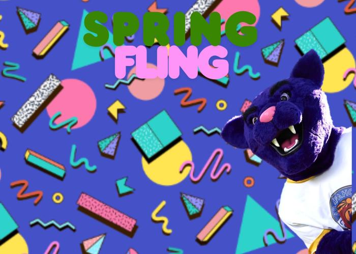 Spring Fling on confetti background with Summit the Puma Mascot