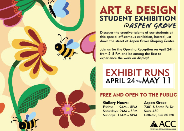 Aspen Grove Student Exhibition flyer with cartoon flowers and bees