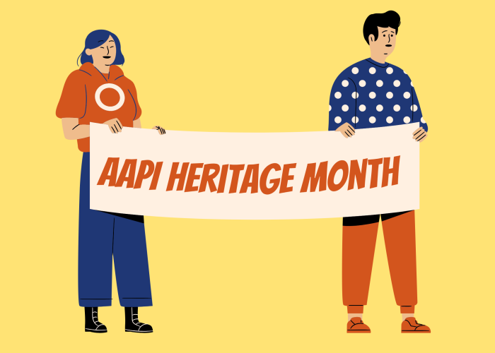 AAPI Heritage Month on banner held by 2 cartoon people