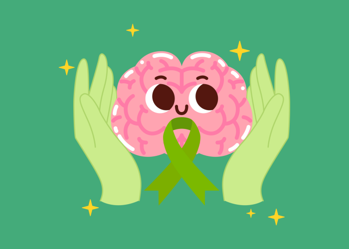 cartoon hands holding a cartoon brain with eyes