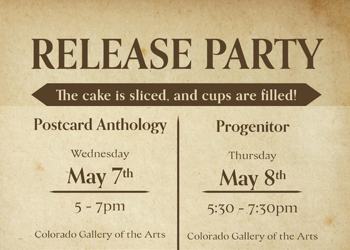 Flyer for postcard anthology and Progenitor release parties at ACC.