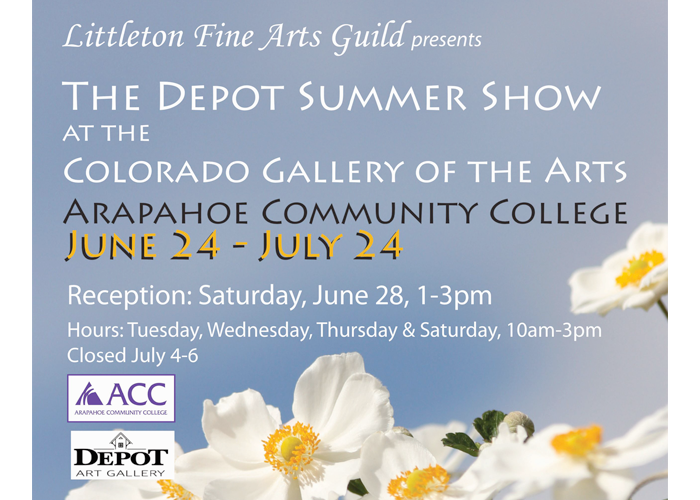 Depot Summer Show flyer with white flowers, ACC logo, Depot Art Gallery logo.