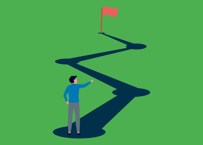 cartoon person on a road heading toward a red flag