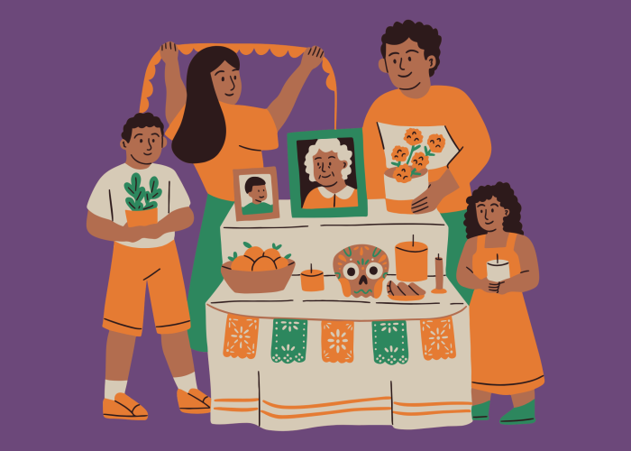 cartoon family celebrating at Dia de los Muertos altar