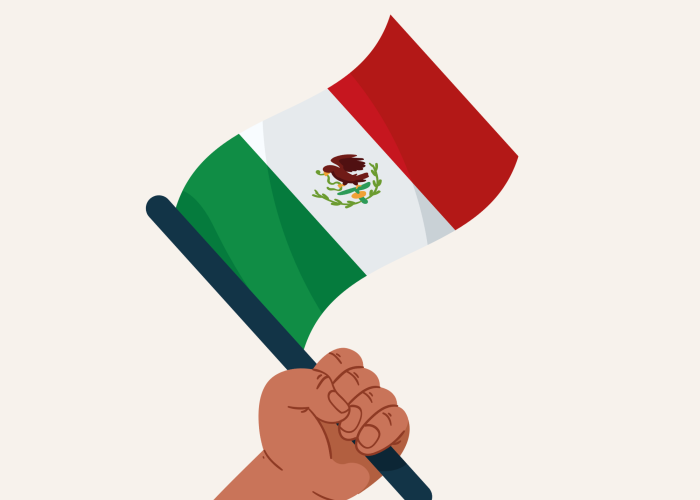 cartoon hand holding Mexico's flag