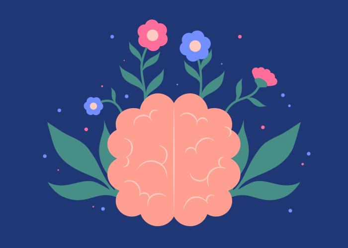 cartoon brain with flowers and leaves growing out of it