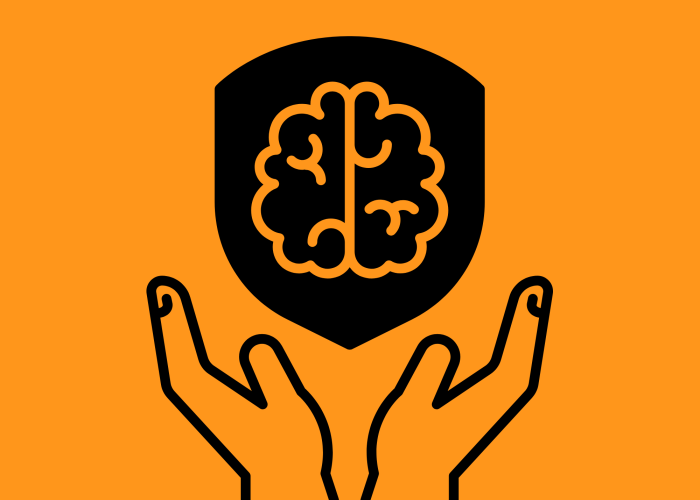 cartoon hands under brain on a shield