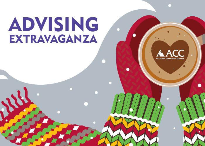 Advising Extravaganza - cartoon scarf and mittens holding a coffee mug with an ACC logo