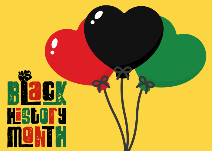 3 heart-shaped balloons (1 red, 1 black, 1 green) - Black History Month logo