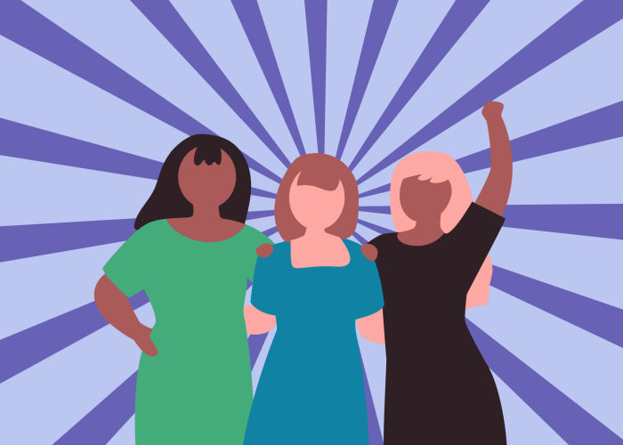 3 cartoon women in front of purple spiral background