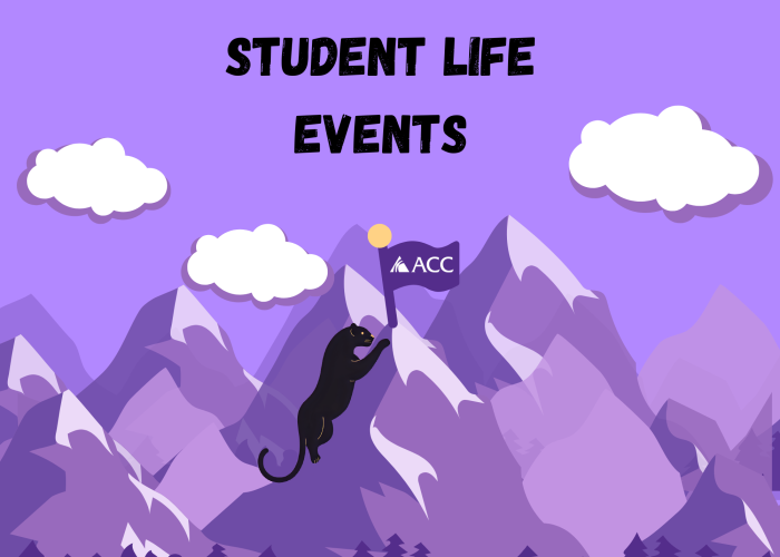 Student Life Event - cartoon puma with ACC flag climbing mountains