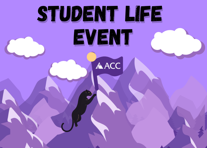 Student Life Event - cartoon puma with ACC flag climbing mountains