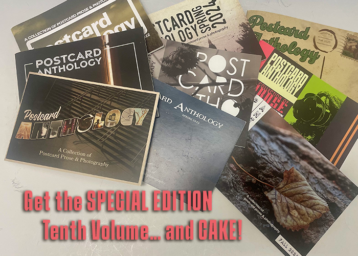 Past ACC Postcard Anthology copies in a pile on a table.