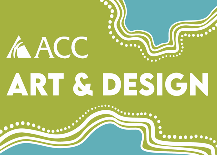 Artistic green and blue graphic that reads "Art & Design"