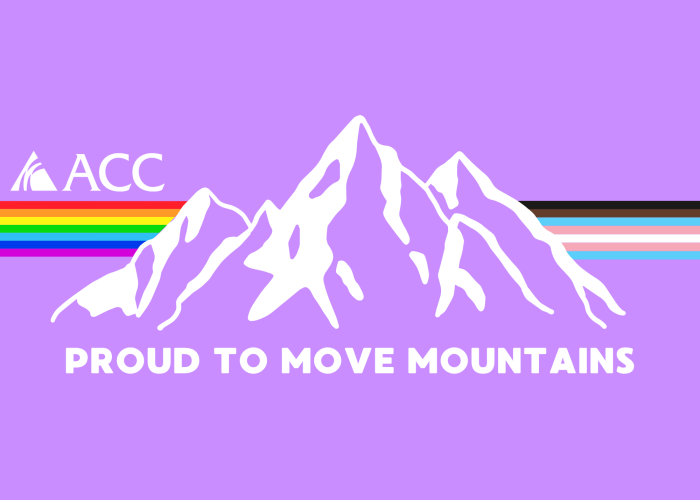ACC logo, rainbow, mountains - Proud to Move Mountains on purple background