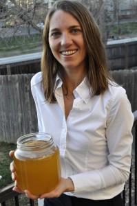 Biology faculty Jessica Blatecky with homemade kombucha